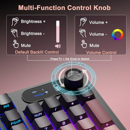BlueFinger Wireless Gaming Keyboard, RGB Backlit, Tri-Mode Bluetooth/2.4G/USB-C, 98 Keys Quiet Keyboard with Number Pad, Volume Knob & Screen, Side Printed PBT Keycaps for PC/Mac/Laptop - style: Wireless Keyboard