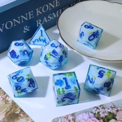 XENOLUX Resin DND Dice Set, Polyhedral RPG Dice for Dungeons and Dragons, Blue Rose Design for Tabletop Board Games (L3) - color: L3