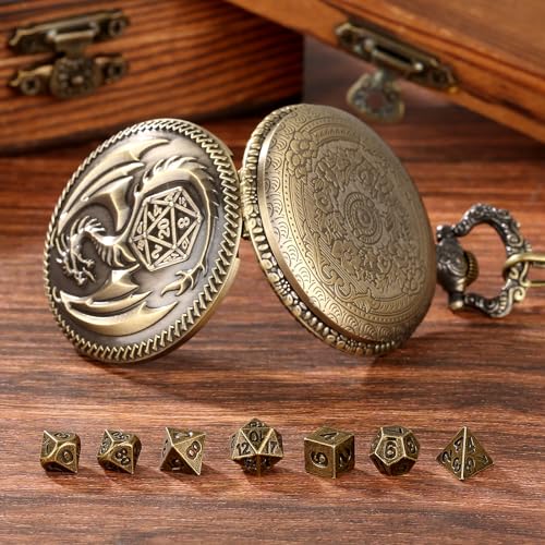 Mini DND Dice Set Steampunk Dragon Pocket Watch Shell Case, 7pcs Polyhedral Metal D&D Dice Set, DND Gifts with Gift Box for Men Women, Role Playing Board Games Accessories, Bronze - color: Bronze