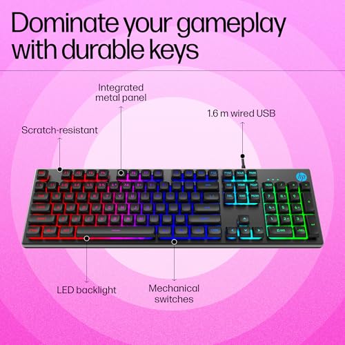 HP K500F Backlit Membrane Wired Gaming Keyboard with Mixed Color Lighting, Metal Panel with Logo Lighting, 26 Anti-Ghosting Keys,
