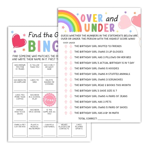 Birthday Party Card Games, Colorful Rainbow Ice Cream Themed Find The Guest Bingo Game Cards, Over And Under Games, Fun Sleepover Party Game For Kids Adults, 02 - color: Colorful Would She Rather