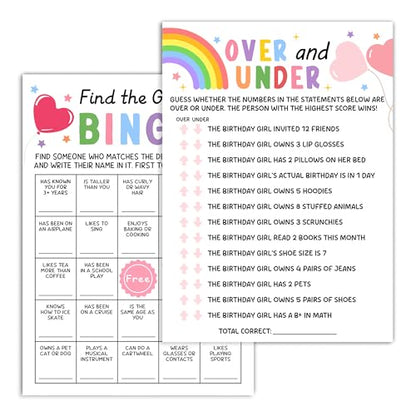 Birthday Party Card Games, Colorful Rainbow Ice Cream Themed Find The Guest Bingo Game Cards, Over And Under Games, Fun Sleepover Party Game For Kids Adults, 02 - color: Colorful Would She Rather
