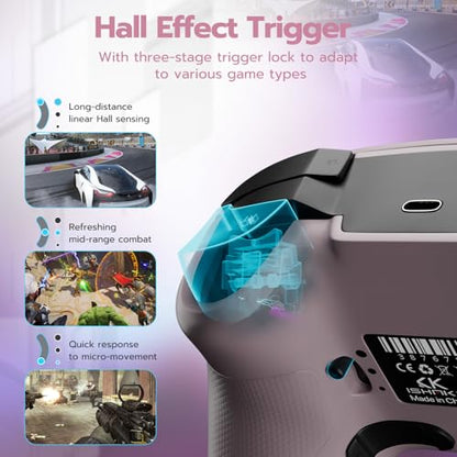 ISHAKO Wireless Gaming Controller – 1000Hz Polling, 1200mAh Battery PC Controller, Back Buttons, Hall effect Joystick, Hall Triggers, 3-Mode Triggers 2.4G&Bluetooth Controller for PC/Steam/iPhone/Android/Switch -Metallic Berry Powder - color: Metallic Ber