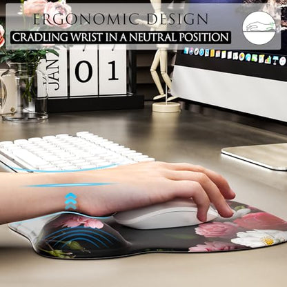 MROCO Ergonomic Mouse Pad with Gel Wrist Rest, 9.4 x 8.1 in, Black Flower | Ergonomic Shape Design, Multiple Pattern Options, Gel Wrist Comfort, Smooth Lycra Surface, Non-Slip PU Base - color: Black Flower