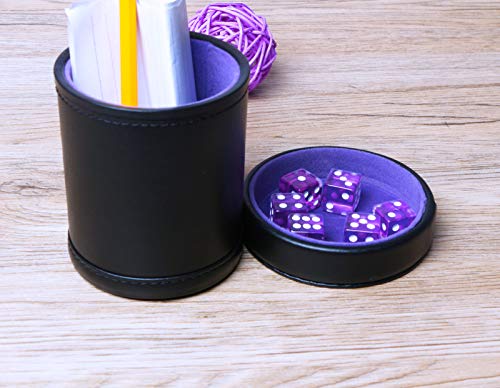 PU Leather Dice Cup with Lid, Purple Velvet Interior Quiet Dice Shaker Cup Including 6 Purple Translucent Dice for Liars Dice/ Farkle/ Yahtzee Games, 1 Pack - color: Purple