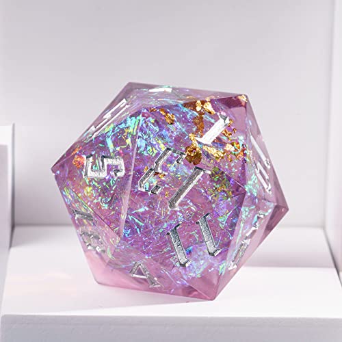 Cusdie Single D20 DND Dice with Sharp Edges and Glitter Foil Inclusions, 20 Sided D&D Dice, 33mm Handcrafted Polyhedral Dice, for Role Playing Game (Purple/Silver Font) - color: Purple