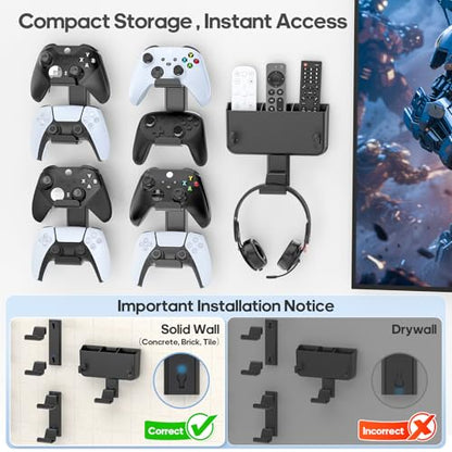 Controller & Headset & Remote Holder Wall Mount with No Drill, 4 Packs Gaming 8 Controllers Hanger Hook Mount for PS5/PS4/XBOX/Switch, Headphone Stand & Remote Control Holer Wall Shelf with Adhesives - size: 5 Packs