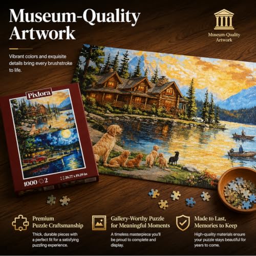 Puzzles for Adults 1000 Pieces, 2 Pack Lake Cabin and Moonlight Jigsaw Puzzles, Night View Theme, Challenging Puzzles for Game Night, Perfect for Nature Lovers - style: Wait&Moonlight