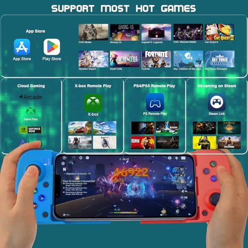 Joso Phone Controller for iPhone/Android Support Phone Case, Mobile Gaming Controller with Ergonomic Design - Wireless Gamepad for Cloud Gaming & PS Remote Play - color: Blue+Red