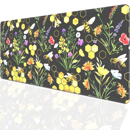Bees and Honeycombs Mouse Pad,XL Large Wildflowers Mousepad Desk Pad with Stitched Edges,Non-Slip Waterproof Rubber Base Mouse Mat Desk Mat for Office Computer Keyboard Laptop Home 27.5x11.8 in - color: Bees and Flowers