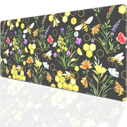 Bees and Honeycombs Mouse Pad,XL Large Wildflowers Mousepad Desk Pad with Stitched Edges,Non-Slip Waterproof Rubber Base Mouse Mat Desk Mat for Office Computer Keyboard Laptop Home 27.5x11.8 in - color: Bees and Flowers