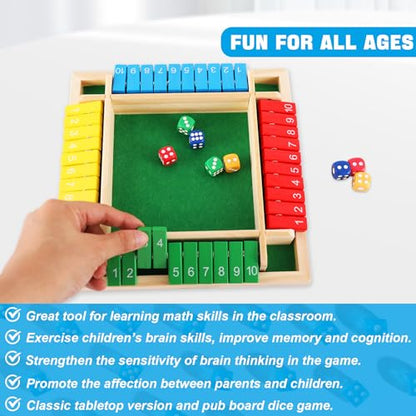 Shut The Box Dice Game, 4-Players Wooden Board Game with 8 Dices, Family Math Games for Kid and Adult,Perfect Tabletop Game for Classroom,Home,Pub, Camping and Party