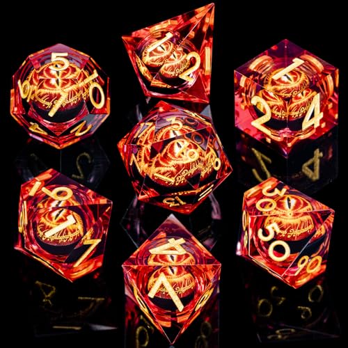 ARUOHHA DND Resin Dice Gazes Eye Dice Liquid Core Flaming RPG Sharp Edged Dice Set with Gift Box, Polyhedral D and D Dice Set Compatible with Dungeons Dragons Role Playing Game D20 D12 D10 D8 D6 - color: Sl02-red