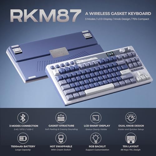 RK ROYAL KLUDGE M87 Wireless Gaming Keyboard with Screen & Dual Knobs, Blue | Bluetooth/2.4G/Wired, Hot Swappable Cream Switches, 5-Layer Noise Dampening Gasket Structure,Compact 75% Size for PC/WIN/Mac - color: Blue