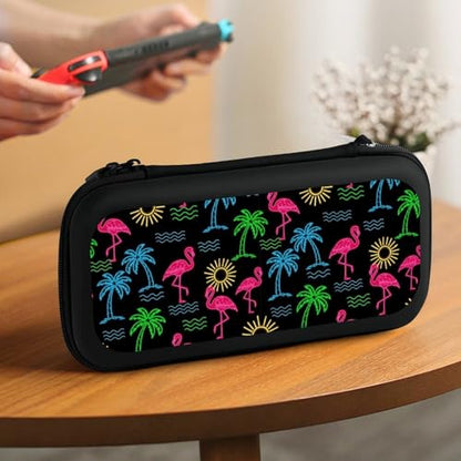 PPIKTC Portable Game Carrying Bag for Switch, Tropical Coconut Tree Neon Flamingo Hard Shell Shockproof Case, Protective Storage Holder Pouch with 15 Game Cartridges - color: Design (215)