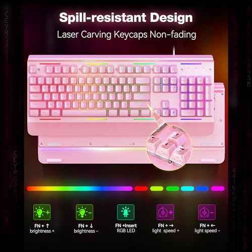 TECKNET Wired Gaming Keyboard, RGB Backlit Keyboard with Metal Panel Design | 15-Zone RGB Illumination, Whisper Quiet Design, IP32 Water Resistance, 25 Anti-ghosting Keys, Ergonomic Design - color: Pink