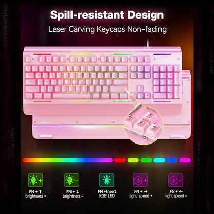 TECKNET Wired Gaming Keyboard, RGB Backlit Keyboard with Metal Panel Design | 15-Zone RGB Illumination, Whisper Quiet Design, IP32 Water Resistance, 25 Anti-ghosting Keys, Ergonomic Design - color: Pink