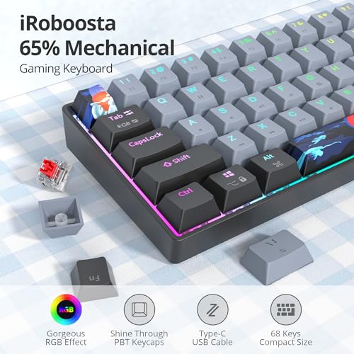 Grey and Black Mechanical Gaming Keyboard 65 Percent, Red Switch RGB Keyboard 65%, 68 Keys Small Wired Key Board, PBT Keycaps Anti-Ghosting Mini Keyboards for Game/Office (68 Dolch) - color: 68 Dolch/Red Switch