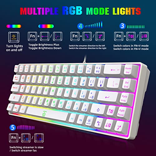 Snpurdiri 60% Percent Gaming Keyboard (68 Keys, White) | Compact RGB Backlit Ergonomic Small Mini Keyboard for Windows, PC, Laptop, Gaming - color: White