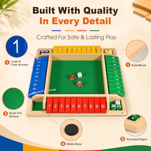 Shut the Box Game, 8.7" Portable Wooden Board Game with Upgraded Mechanics (+, −, +/−, Re-Roll), Math Dice Game for Kids, 2–4 Players, for Classroom, Travel & On-the-Go Play
