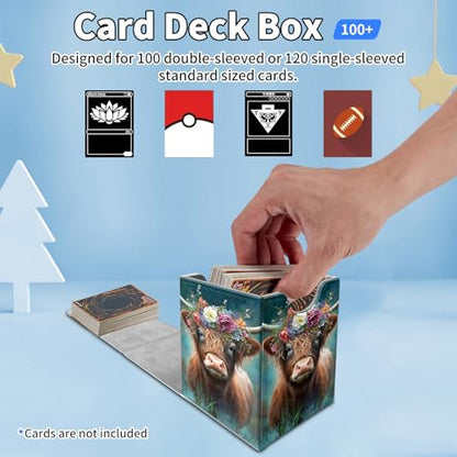 Card Deck Box for MTG Commander,Collectible Trading Storage Box Fits 120+ Single Sleeved Cards Magnetic Case PU Leather for Magic Commander TCG CCG MTG,Cute Highland Cow - color: Cute Highland Cow