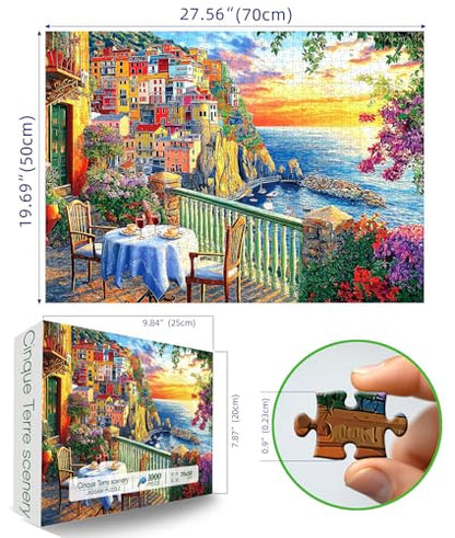 Italy Cinque Terre Jigsaw Puzzles for Adults 1000 Pieces Coastal Village Beautiful Landscape Scenery Sunset View with Letters on Back Hard Impossible Difficult challenging Family Puzzle (27.5"x19.6") - color: Italy Cinque Terre