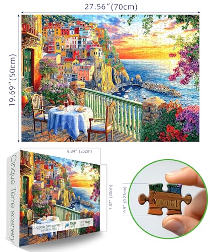 Italy Cinque Terre Jigsaw Puzzles for Adults 1000 Pieces Coastal Village Beautiful Landscape Scenery Sunset View with Letters on Back Hard Impossible Difficult challenging Family Puzzle (27.5"x19.6") - color: Italy Cinque Terre