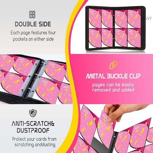 Trading Card Binder 4 Pocket,400 Pocket Card Collection Binder with 50 Removable Sleeves,PU Waterproof Top Card Book,3-Ring Zipper Collectible Trading Card Album for MTG/TCG/Card Holder Gift（Pink） - color: Pink, size: Small
