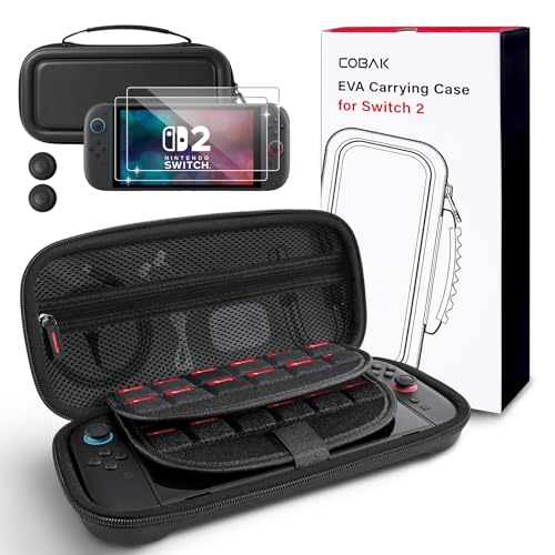 CoBak Large Capacity Carrying Case for Nintendo Switch 2 (2025) | 3 in 1 Accessories Bundle with 2 Screen Protectors, Thumb Grip Caps, 24 Game Cartridges, Hard Shell Portable Travel Pouch - color: Black, size: 7.9 inch