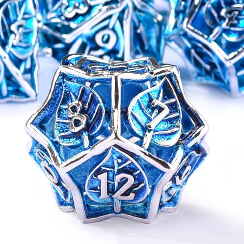 AUSTOR Metal DND Dice Set 7 Pieces Leaf DND Dice Hollow Polyhedral Dice D20 D12 D10 D% D8 D6 D4 Metal Dice with Metal Box for Dungeons & Dragons RPG Board Games (Blue & Silver) - color: Blue & Silver