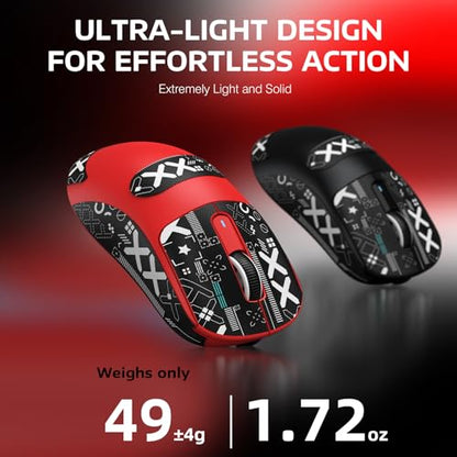 ATTACK SHARK X3 Wireless Gaming Mouse, 49g Bluetooth/2.4G/USB-C Ergonomic Computer Mouse, PAW3395 26K DPI Sensor, 200h Battery Life, Programmable Buttons Griptape, Gaming Accessories for PC/Laptop/Mac - color: Red & Griptape