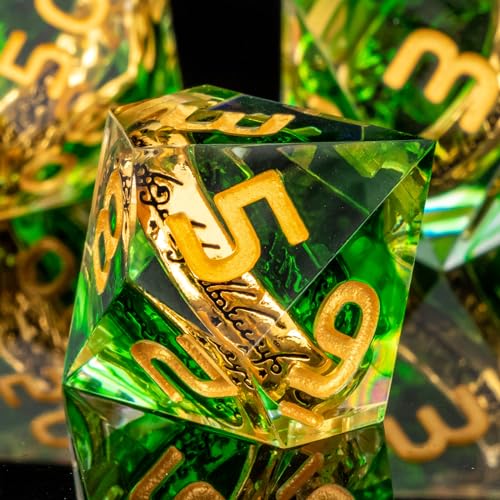OUKELANWO Magic Lord Rings DND Dice Set with Box, 7Pcs Resin LOTR D&D Dice Set for Role Playing Game, Green Gold Dungeons Dragons D and D Sharp Edge Dice D20 D12 D10 D8 D6 D4 - color: Green