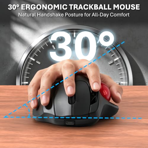 EDJO Ergonomic Wireless Trackball Mouse, 3-Device Bluetooth/2.4G, Red | 30° tilt, thumb control, 5 DPI levels 400-2400, up to 160h battery, Type-C rechargeable, stationary design, removable ball