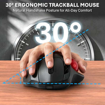 EDJO Ergonomic Wireless Trackball Mouse, 3-Device Bluetooth/2.4G, Red | 30° tilt, thumb control, 5 DPI levels 400-2400, up to 160h battery, Type-C rechargeable, stationary design, removable ball