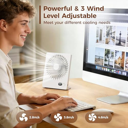 Zuvas Desk Fan Small Rechargeable Battery Table Fans for travel Ultra Quiet | 180° Tilt Folding, LED Dislay, Portable Fan Slim Design, 3 Speed Adjustable, for Office Bedroom Desktop, Cruise Essentials - color: White