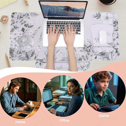 MEGREZ 4-in-1 Mouse Pad with Wrist Rest Ergonomic Memory Foam Desk Mat Set | ergonomic, anti-slip base, 4pcs set, desk pad, mouse wrist rest, keyboard rest, coaster, ideal for office & gaming - color: Green Flower