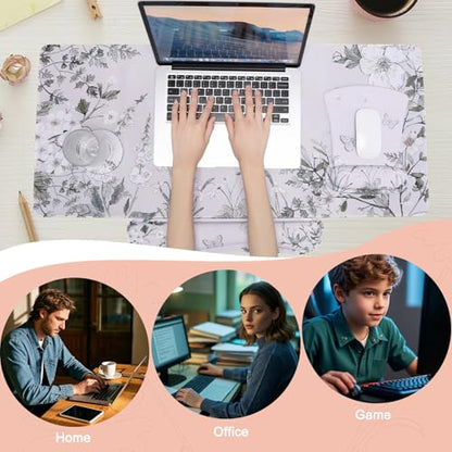 MEGREZ 4-in-1 Mouse Pad with Wrist Rest Ergonomic Memory Foam Desk Mat Set | ergonomic, anti-slip base, 4pcs set, desk pad, mouse wrist rest, keyboard rest, coaster, ideal for office & gaming - color: Green Flower
