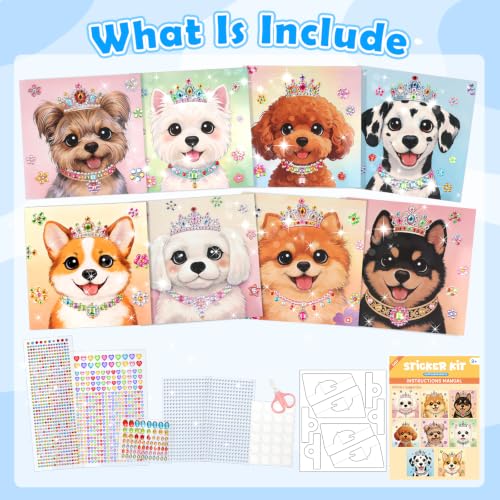 Gem Art Sticker Kit,Diamond Art Sticker Crafts for Kids Ages 4-12 | 8 Dog Themes, 1000+ Gems, no glue, no mess, Gemstone Sticker Arts and Crafts for Kids, Christmas Birthday Gift for Girls - color: Blue-Dog