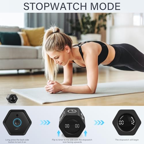 Rotating Pomodoro Timer 5, 25, 10 30,60 Mins Preset Stopwatch, Desk Flip ProductivityTimer, ADHD Tool Hexagon, Vibration/Mute/Alarm, for Work, Study, Back to School, Kitchen, Black - color: Black