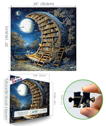 Moonlit Book Haven 500-Piece Adult Jigsaw Puzzle: Enchanted Night Library Fantasy Scene, 20x20 Inches – Mindful Relaxation & Cozy Hobby - color: Moonlit Book Haven