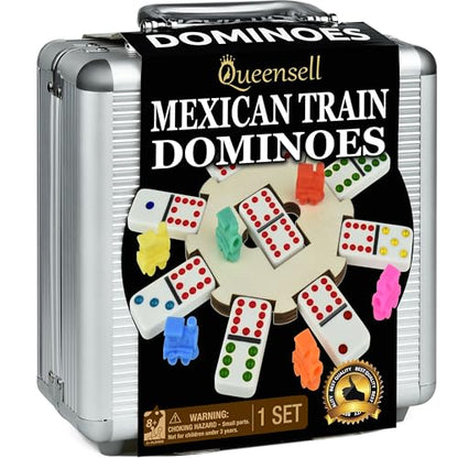 Queensell Mexican Train Dominoes Set with Wooden Hub, Domino Tile Board Games - Double 12 Dominos Set for Family Game Night for Adults and Kids Ages 8 and up (Double 12) - style: Double 12