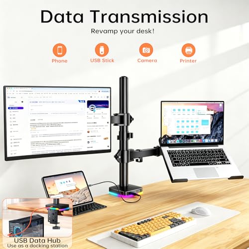 Afaloona RGB Monitor & Laptop Stand with USB Hub, Charging & Data Transfer | Fits 13-32" monitors and 11-17" laptops with a removable tray that converts to a dual monitor mount, up to 18 lb per arm - size: RGB Laptop & Monitor Stand