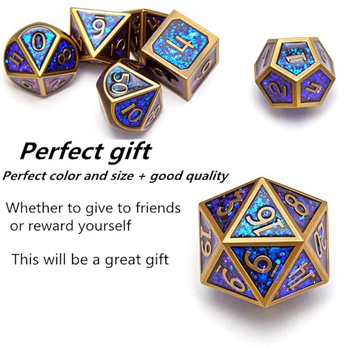 Metal dice Set D&D, 7-Piece Polyhedron DND D20 D12 D10 D8 D6 D4 Dungeons and Dragons Dice Set, Suitable for RPG Game DND dice Set (Bronze + Blue Powder) - color: Sxf-blue Copper