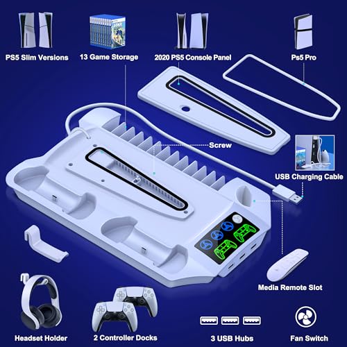 PS5 Pro/Slim/PS5 Stand and Cooling Station with Controller Charging Station for Playsation 5 Disc Digital Console, PS5 Accessories Incl. 3 Levels Cooling Fan, 13 Game Slots, 3 USB HUB, Headset Holder - size: Q254-PS5 Stand