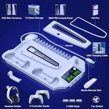 PS5 Pro/Slim/PS5 Stand and Cooling Station with Controller Charging Station for Playsation 5 Disc Digital Console, PS5 Accessories Incl. 3 Levels Cooling Fan, 13 Game Slots, 3 USB HUB, Headset Holder - size: Q254-PS5 Stand
