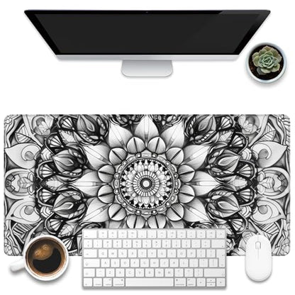 Large Gaming Mouse Pad for Desk, Black and White Mandala Desk Mat, Mandala Flower Desk Pad, 31.5"x15.7" Extended Big Computer Keyboard Mouse Pad with Non-Slip Base and Stitched Edge - color: Black and White Mandala