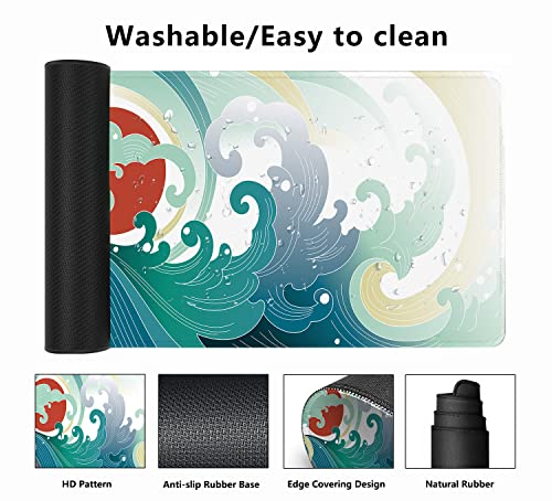 Ocean Wave and Sun Desk Mat,Traditional Japanese Wave Extended Gaming Mouse Pad,Large Non-Slip Rubber Base Mousepad with Stitched Edges,Waterproof Mouse Mat Desk Pad for Office Game Home 35.4x15.75 in - color: Traditional Japanese Wave