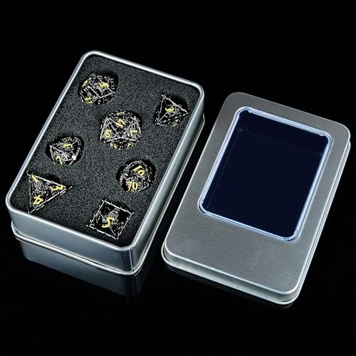 Hollow Grim Reaper Metal DND Dice Set,7-Piece Polyhedral RPG Dice,3D Hollow Wizard Skeleton Design for D&D, RPGs, MTG, and Board Games(Yellow Numbers) - color: Hollow Wizard Black