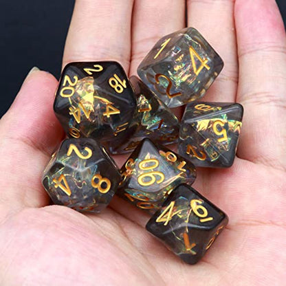 Haxtec Black DND Dice Set, 7 Pcs Iridescent Resin Polyhedral RPG Dice | Role Playing Games Dice with Velvet Pouch, Rounded Edge, Compatible with Dungeons and Dragons, Gifts for D&D Lovers - color: Black Gold