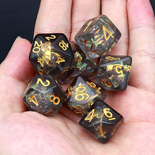 Haxtec Black DND Dice Set, 7 Pcs Iridescent Resin Polyhedral RPG Dice | Role Playing Games Dice with Velvet Pouch, Rounded Edge, Compatible with Dungeons and Dragons, Gifts for D&D Lovers - color: Black Gold